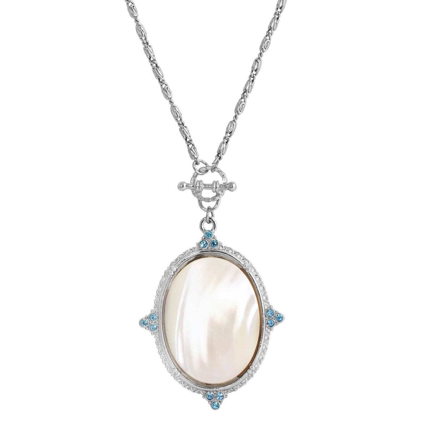 Aquamarine Crystal Mother Of Pearl Oval Pendant Toggle Necklace