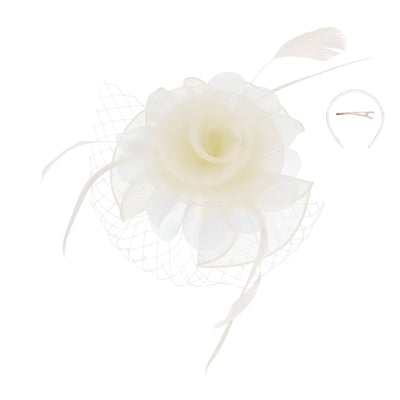 1920s Style Rose Mesh Feather Fascinator in Ivory