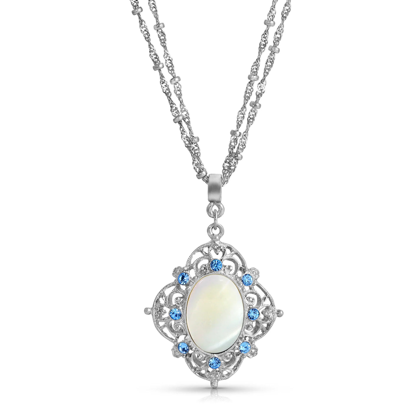 Aquamarine Crystal Mother Of Pearl Filigree Pendant Necklace