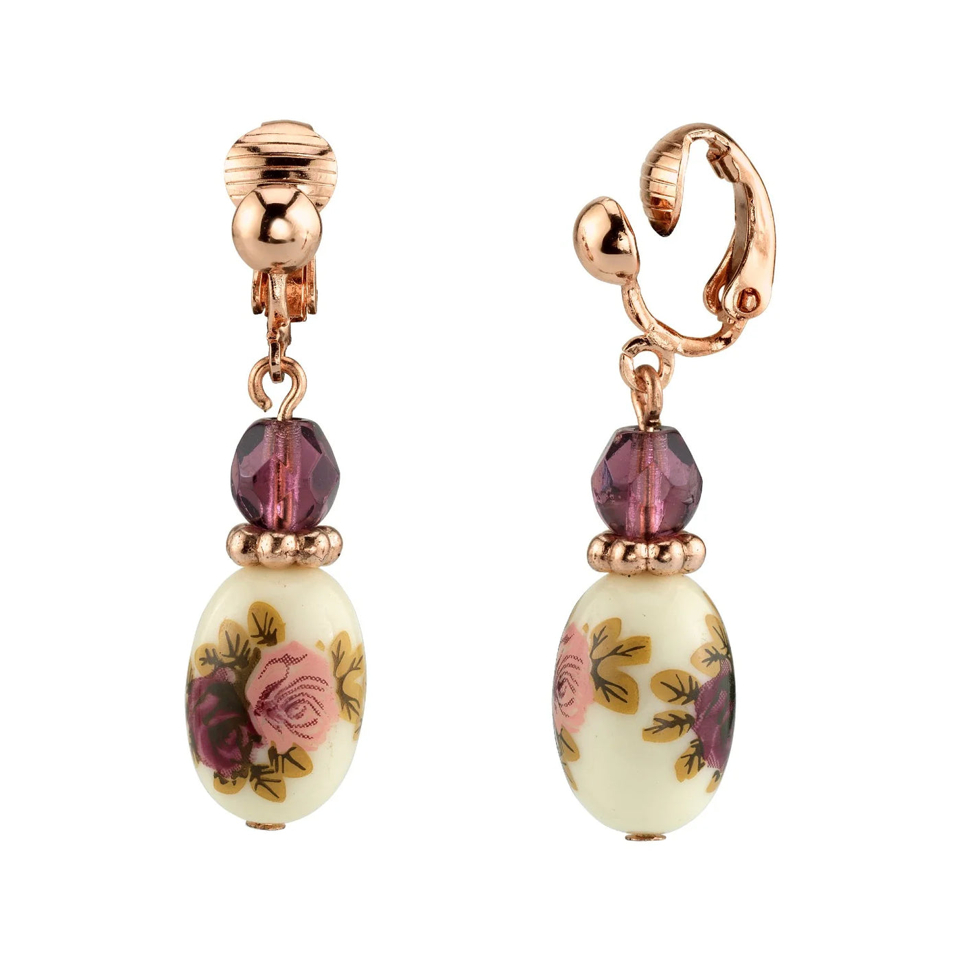 Victorian Inspired Rose Motif Bead Drop Clip On Earrings