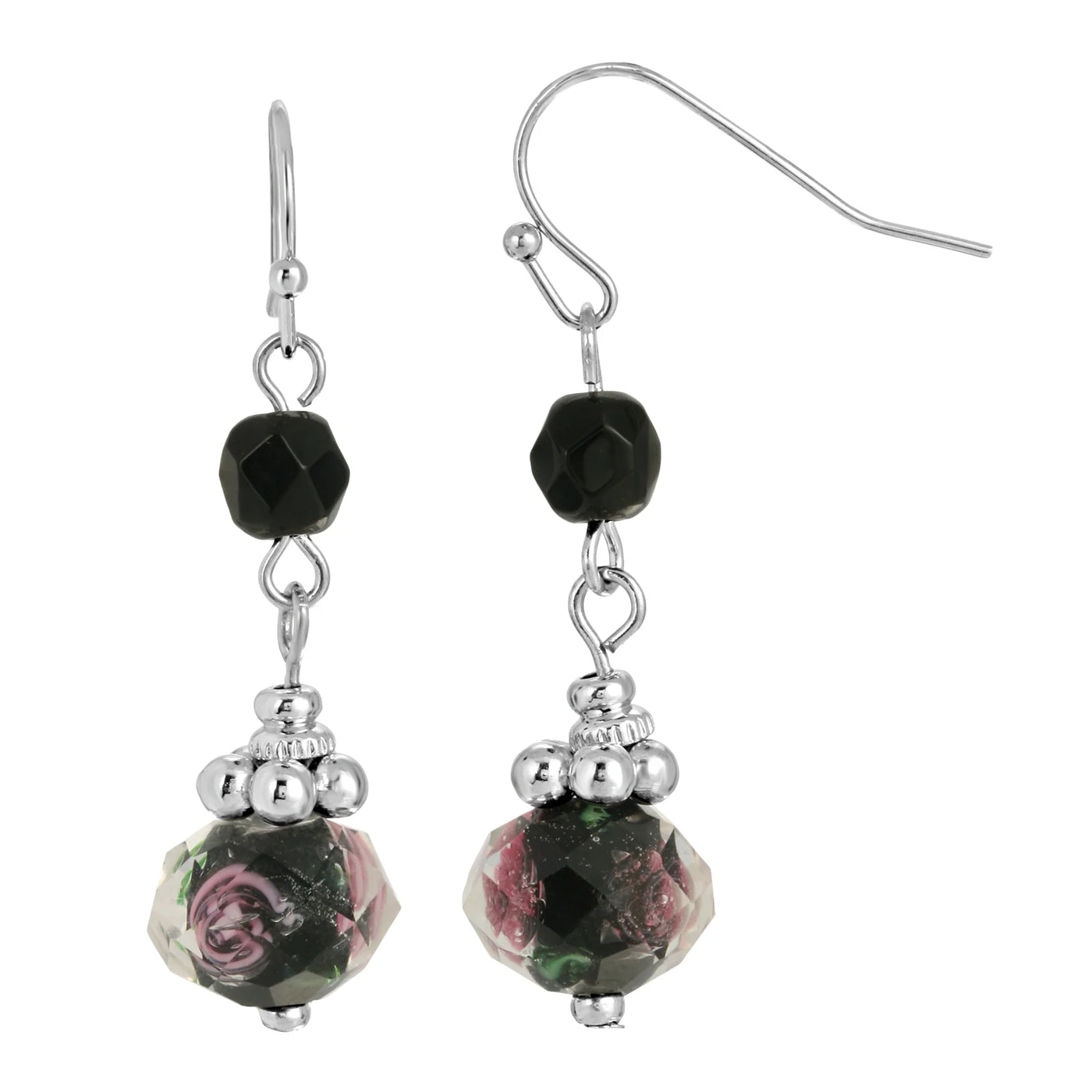 Black Floral Bead Drop Earrings