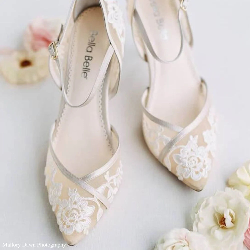 Chelsea Lace Wedding Block Heels in Nude