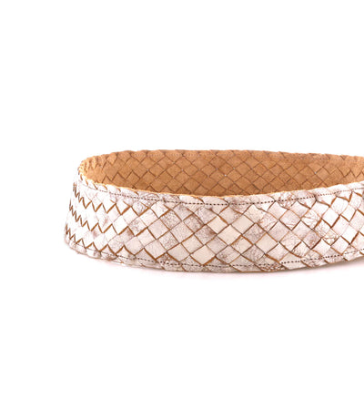 Textured view of Dreamweaver Artisan Weave Belt in Nectar Lux, highlighting craftsmanship and whitewashed leather