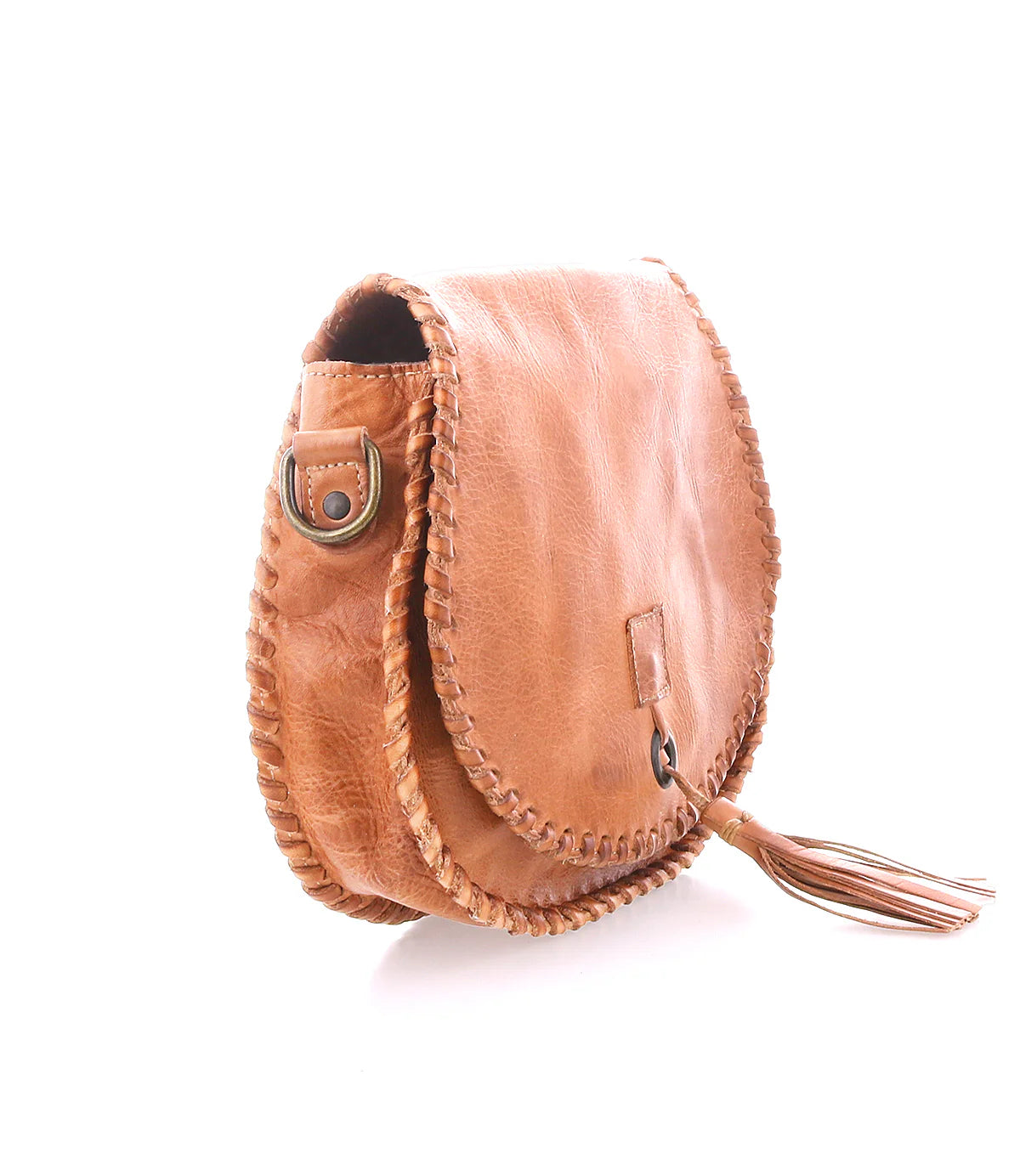 Half Moon Tassel Bag in Tan Rustic, handcrafted tan leather crossbody with Western boho flair