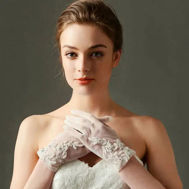 Lace Pearl and Embroidery Wedding Gloves in White