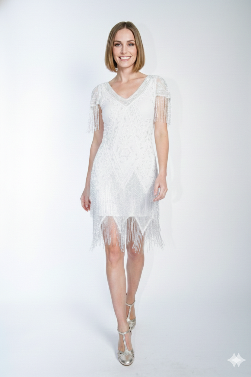 Celeste Art Deco Beaded Dress in Powder Blue by Nataya 6 / White