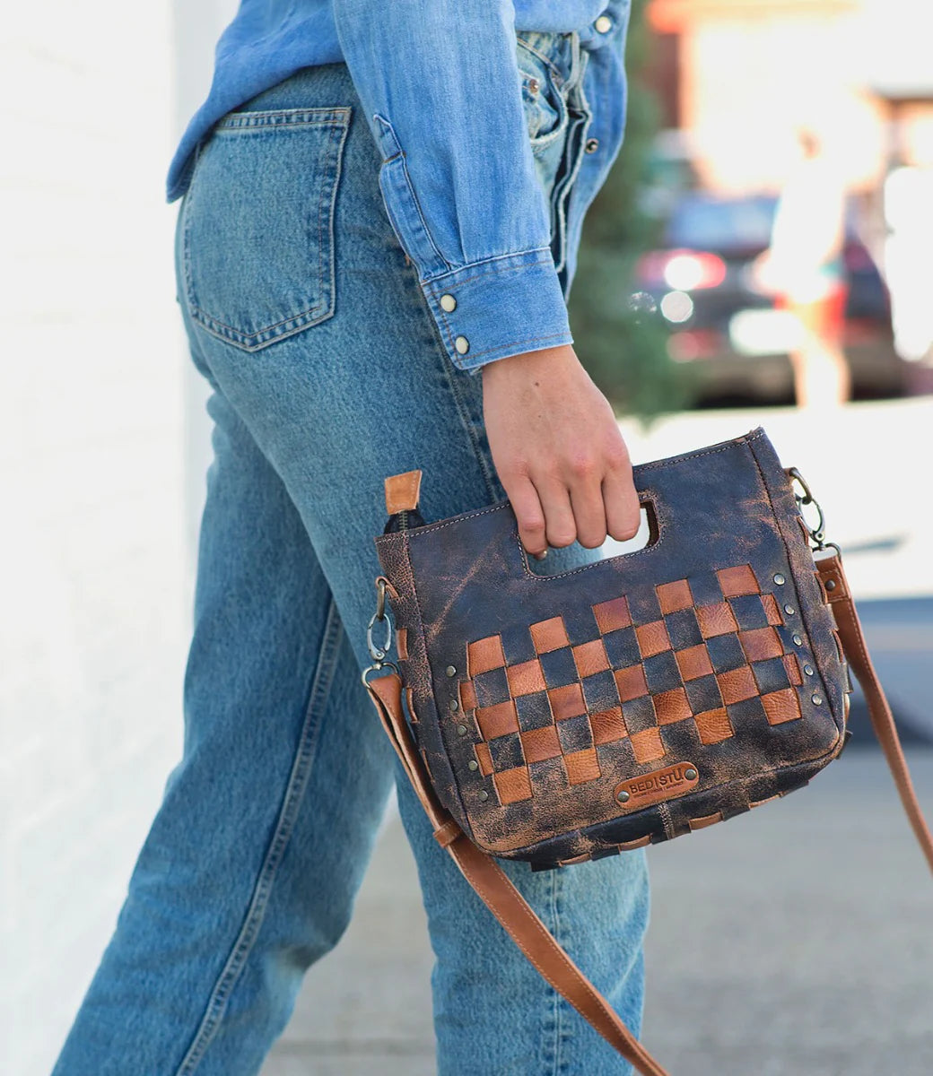 Keiki Artisan Crossbody Bag in Black Lux Tan Rustic — handcrafted leather bag with two-tone woven pattern