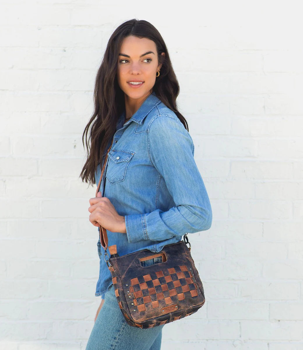 Keiki Artisan Crossbody Bag in Black Lux Tan Rustic — handcrafted leather bag with two-tone woven pattern