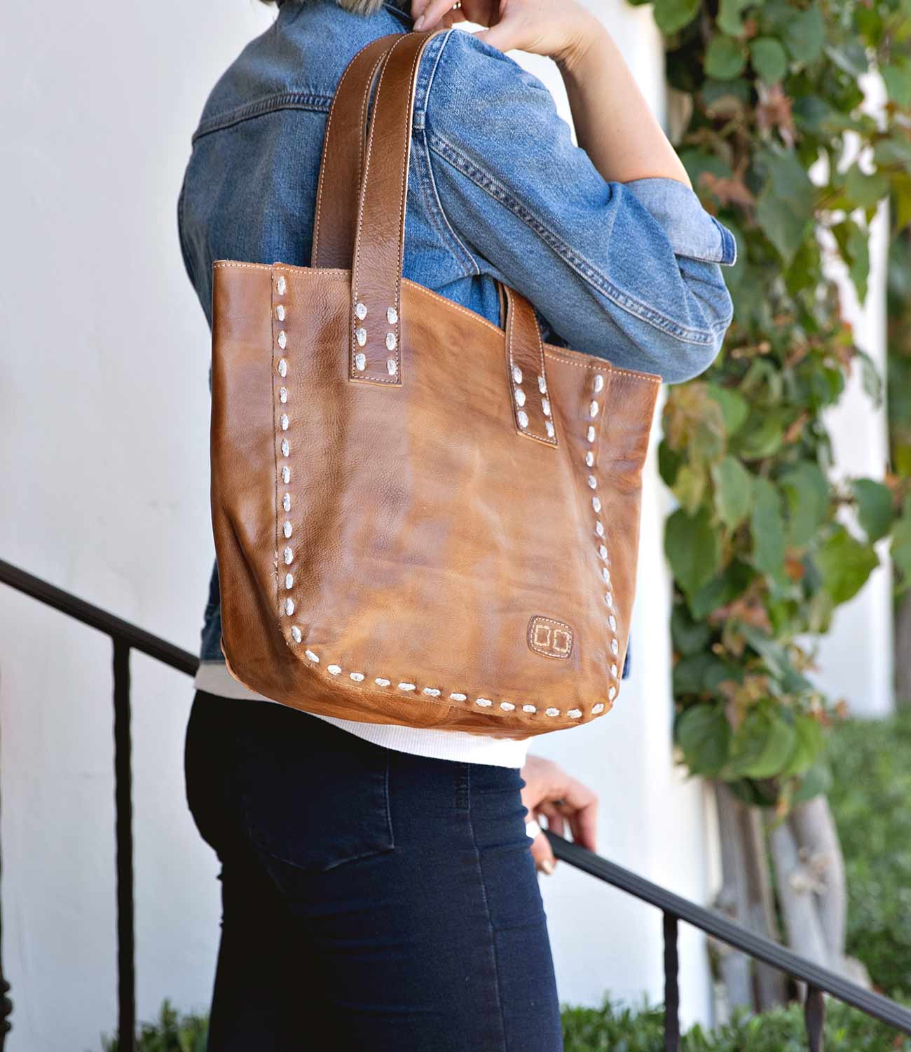 Stevie Ranch Tote in Tan Rustic — handcrafted leather tote bag with Western stitching