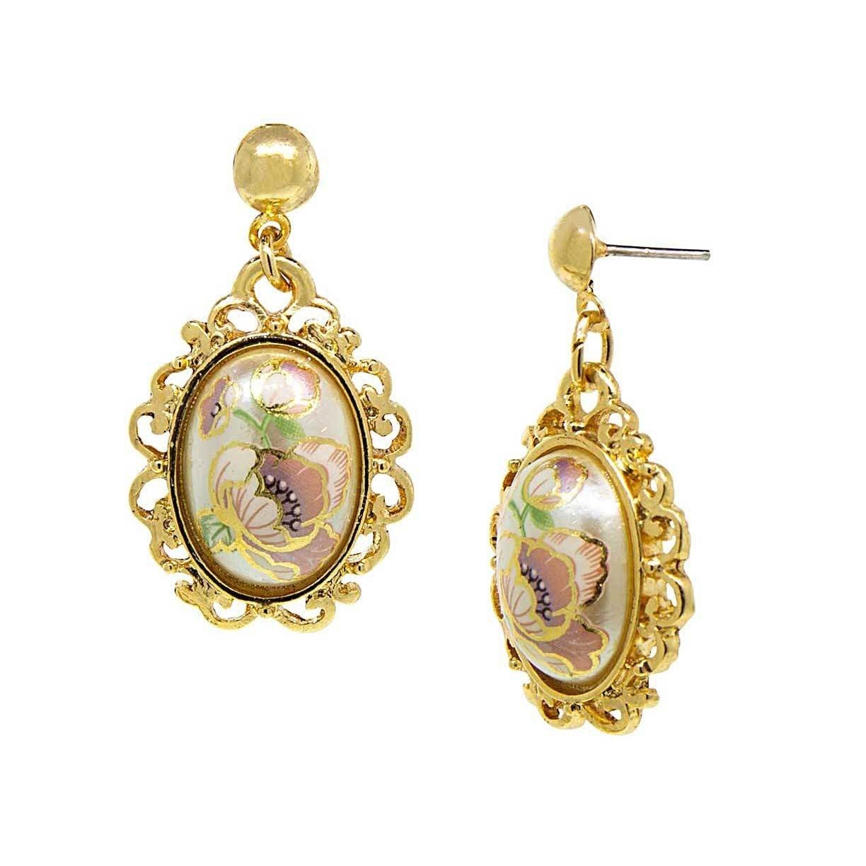 DOWNTON ABBEY FLOWER DECAL OVAL DROP EARRINGS