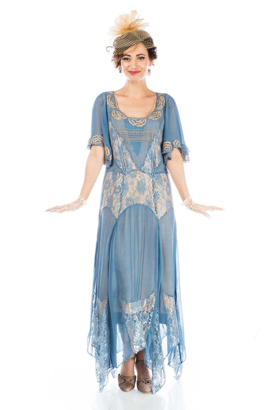 blue art deco dress Art Deco dress in blue rayon blend with flowing drop-waist silhouette