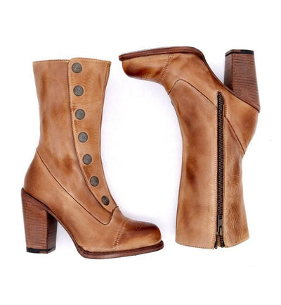 Steampunk Style Mid-Calf Leather Boots in Tan Rustic