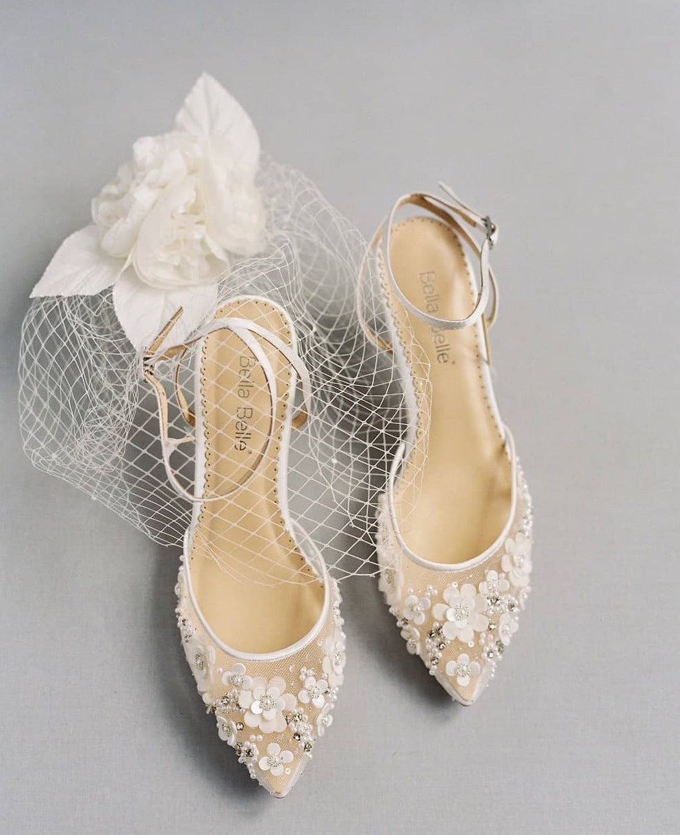 Rosa Floral Pearl Beaded Wedding Low Heels in Ivory