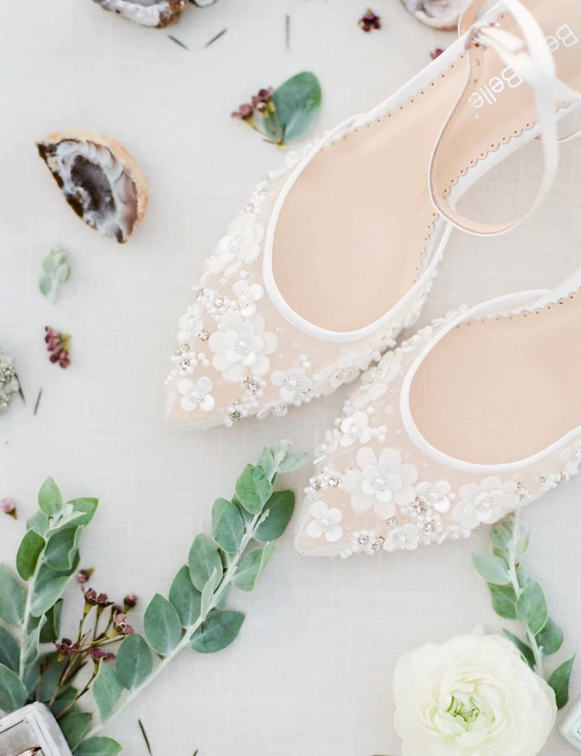 Rosa Floral Pearl Beaded Wedding Low Heels in Ivory