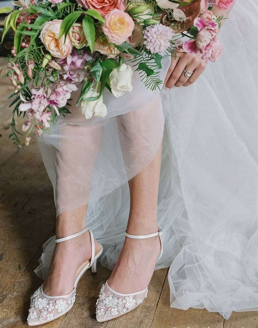Rosa Floral Pearl Beaded Wedding Low Heels in Ivory
