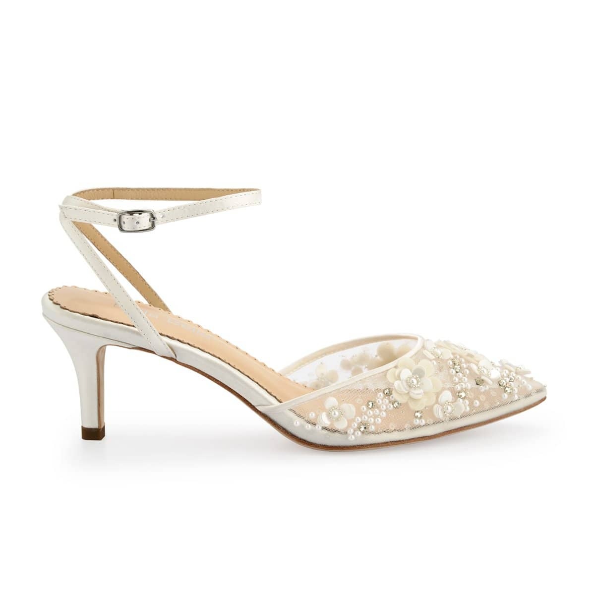 Rosa Floral Pearl Beaded Wedding Low Heels in Ivory