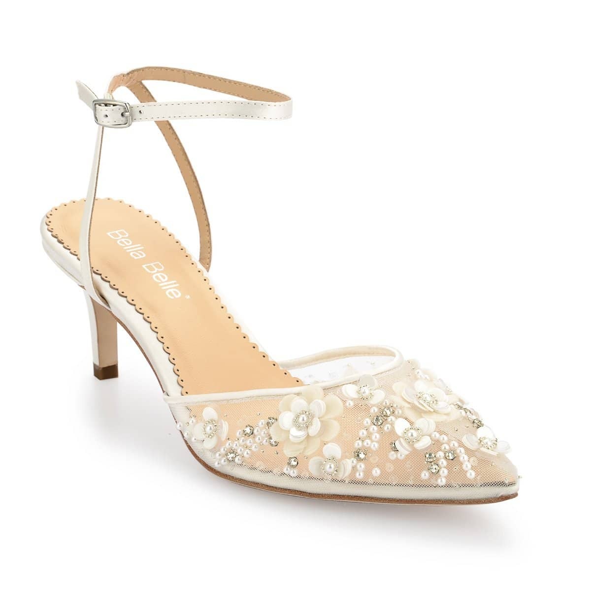 Rosa Floral Pearl Beaded Wedding Low Heels in Ivory